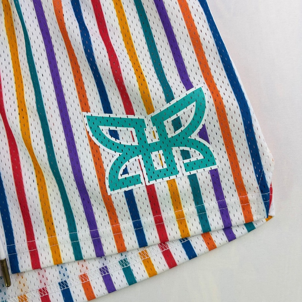 Ryoko Rain Striped Mesh Basketball Gym Shorts Mens XS Multi Color Butterfly Logo - Picture 3 of 13